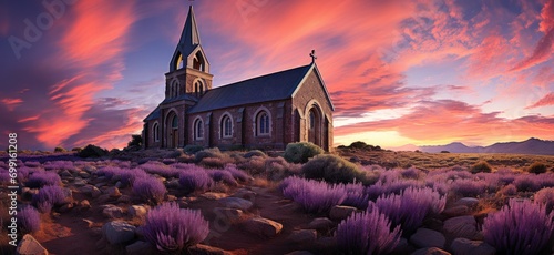 Tranquil Desert Church in Lavender Field at Sunset