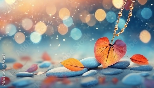 love icon leaf and bokeh background with stone beach at sunset,