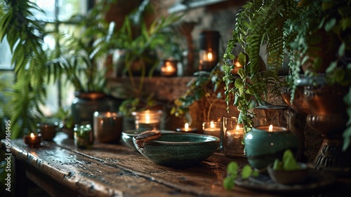 Enchanting Spa Setting with Candles and Greenery
