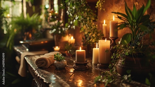 Enchanting Spa Setting with Candles and Greenery  