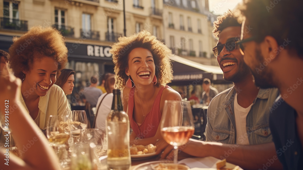 A group of friends relishing a sunny brunch in the picturesque streets of Paris A group of friends relishing a sunny brunch in the picturesque streets of Paris