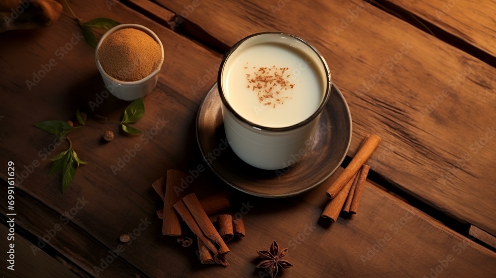 Cup of coffee with cinnamon and anise on a wooden table Cup of coffee with cinnamon and anise on a wooden table