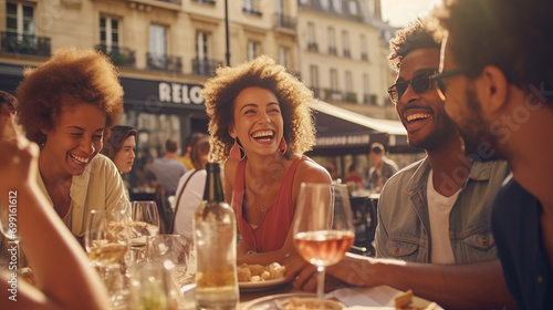 Fototapeta Naklejka Na Ścianę i Meble -  A group of friends relishing a sunny brunch in the picturesque streets of Paris