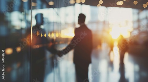 Defocused shot of two businesspeople shaking hands in an office photo