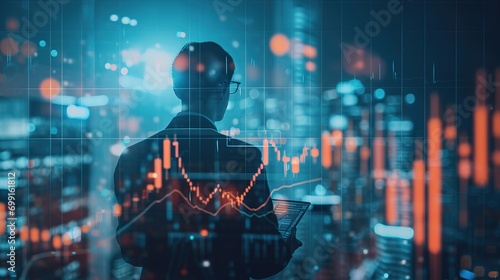 Double Exposure Image of Business and Finance - Businessman with report chart up forward to financial profit growth of stock market investment photo