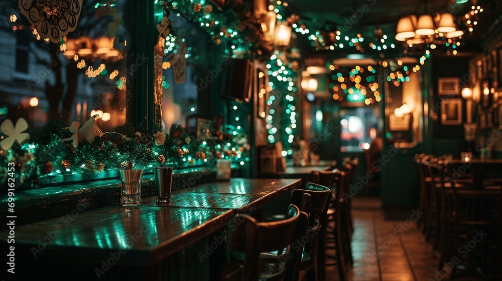 Obraz premium Luck of the Irish: Cozy Pub with Shamrocks and Green Lights