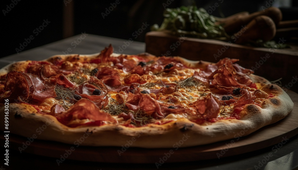 Freshly baked pizza on a rustic wooden table, a gourmet meal generated by AI Freshly baked pizza on a rustic wooden table, a gourmet meal generated by AI