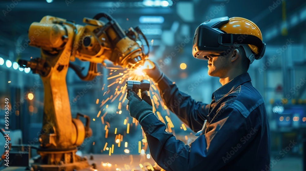 engineer using vr Glasses for controlling the robotic welding arm in the factory production line - obrazy, fototapety, plakaty 