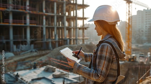 Female architect holding digital tablet while examining construction site
