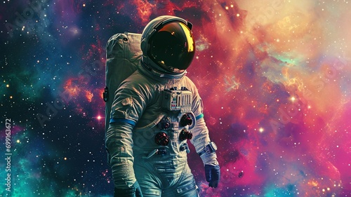 Cosmic Adventure: 80s Astronaut with Neon Galaxies Poster © Kristian