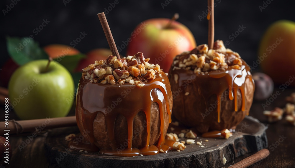 Freshness and indulgence in a homemade gourmet chocolate apple dessert generated by AI