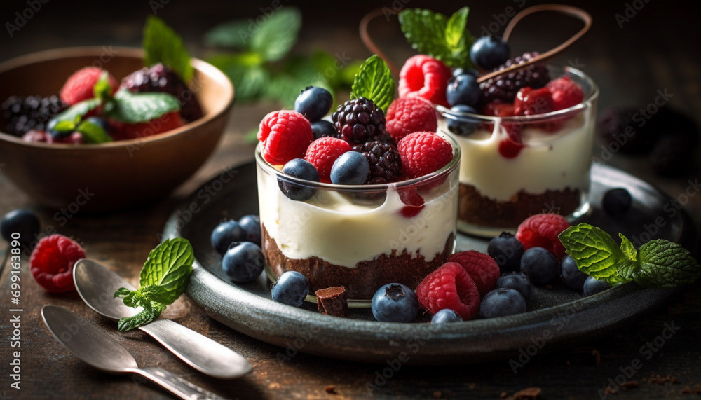 Raspberry and blueberry parfait, a fresh and healthy gourmet dessert generated by AI Raspberry and blueberry parfait, a fresh and healthy gourmet dessert generated by AI