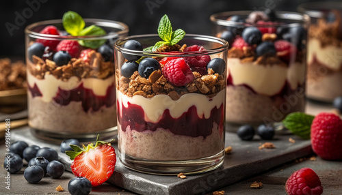 Freshness and sweetness in a homemade berry yogurt parfait dessert generated by AI photo