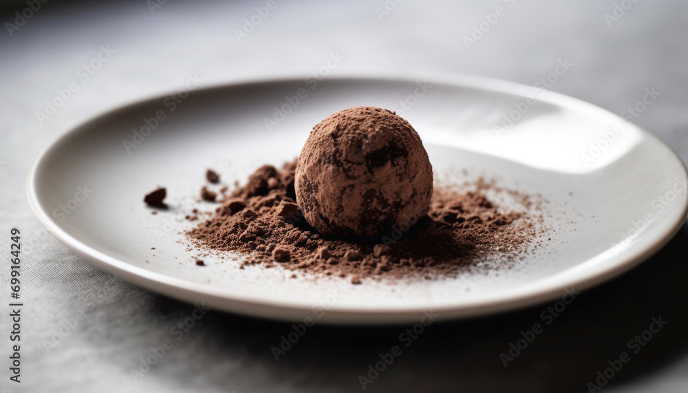 A gourmet dessert dark chocolate truffle ball with cocoa powder generated by AI A gourmet dessert dark chocolate truffle ball with cocoa powder generated by AI