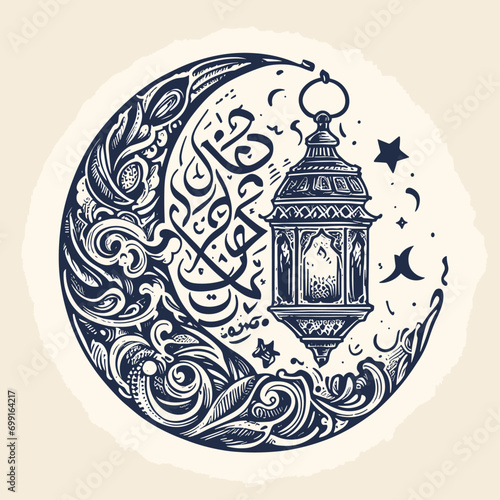 Vector ramadan kareem calligraphy. vector illustration of islamic holiday symbols. drawn lantern. arabic design background.