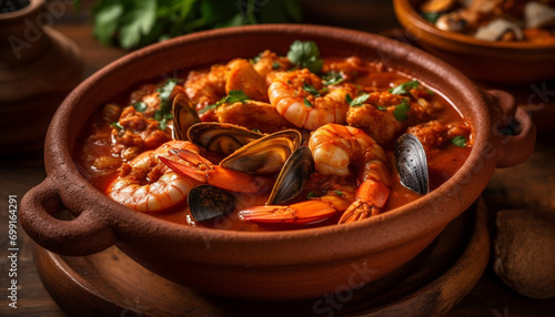 Fresh seafood stew with mussels, prawns, and crustaceans in tomato sauce generated by AI