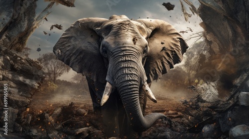 distressed elephant in a shrinking habitat due to human encroachment generative ai #699165455