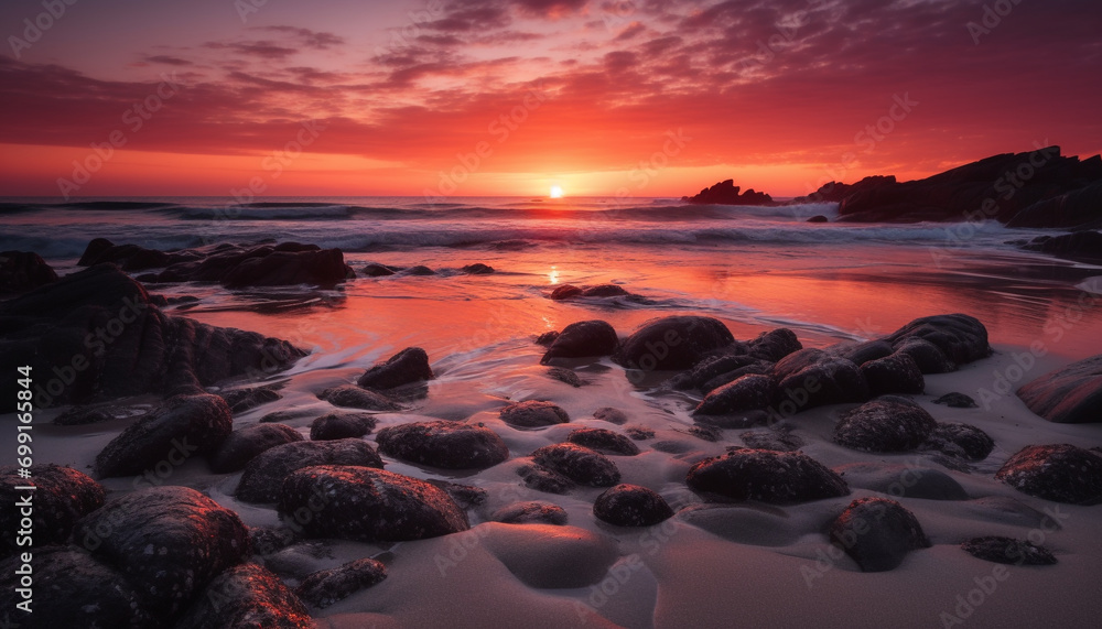 Sunset over the tranquil coastline, reflecting the beauty of nature generated by AI Sunset over the tranquil coastline, reflecting the beauty of nature generated by AI