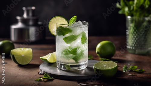 Fresh lime cocktail with ice, citrus fruit, and mint leaf generated by AI