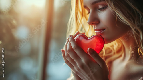 Beautiful woman holding a red heart in her hands