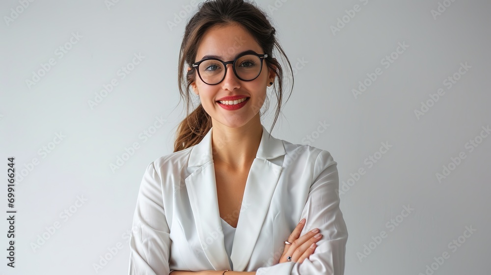 Happy businesswoman with arms crossed copy space ad new isolated over bright white color background