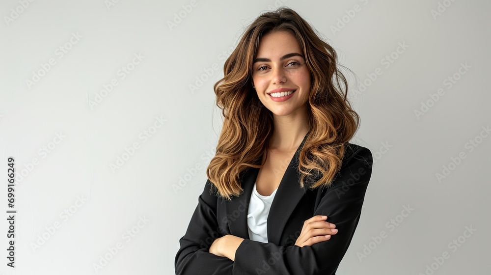 Happy businesswoman with arms crossed copy space ad new isolated over bright white color background Happy businesswoman with arms crossed copy space ad new isolated over bright white color background