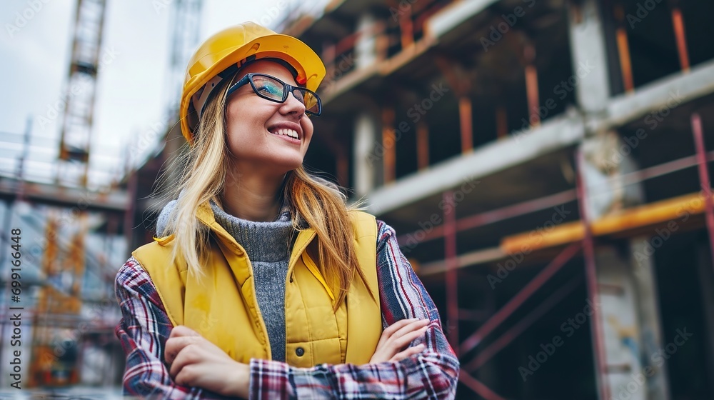 happy female architect at construction site happy female architect at construction site