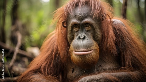 sad-looking orangutan in a degraded forest, emphasizing habitat destruction generative ai © Kelly