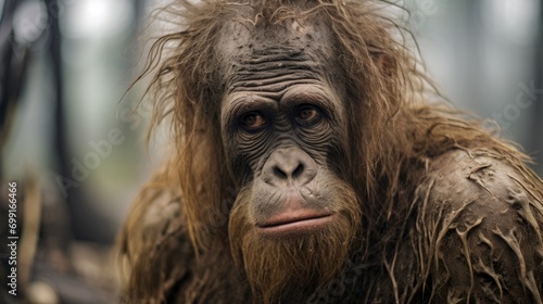 sad-looking orangutan in a degraded forest, emphasizing habitat destruction generative ai photo