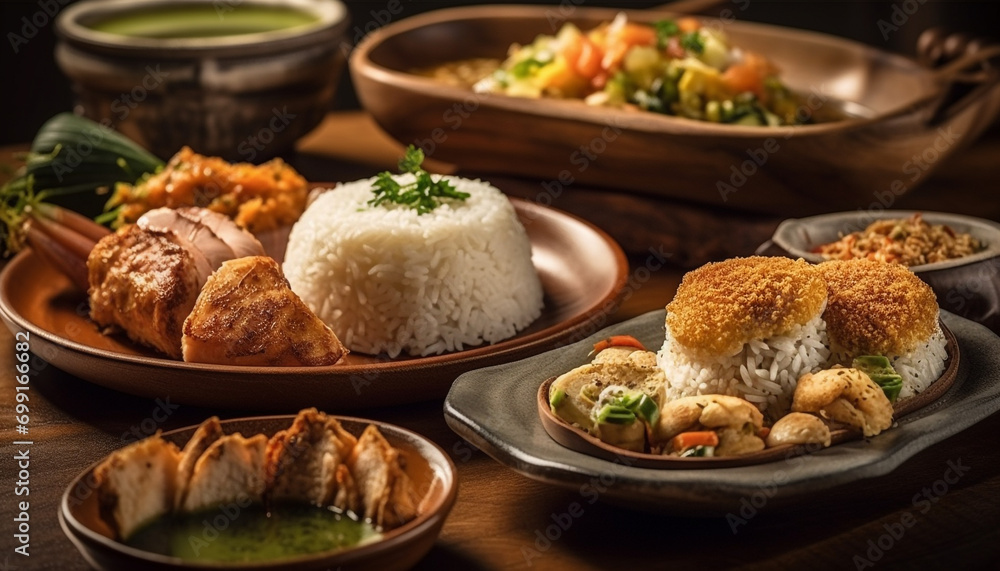 Grilled meat, rice, vegetable, spice, healthy eating, fresh, cooked generated by AI Grilled meat, rice, vegetable, spice, healthy eating, fresh, cooked generated by AI