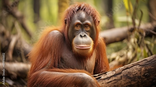 sad-looking orangutan in a degraded forest, emphasizing habitat destruction generative ai © Kelly
