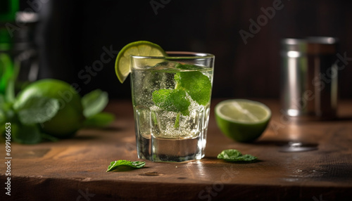 Fresh mojito cocktail with lime, ice, and mint leaf garnish generated by AI