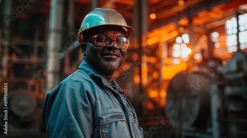 Happy Professional Heavy Industry Engineer Worker Wearing Uniform, Glasses and Hard Hat in a Steel Factory.