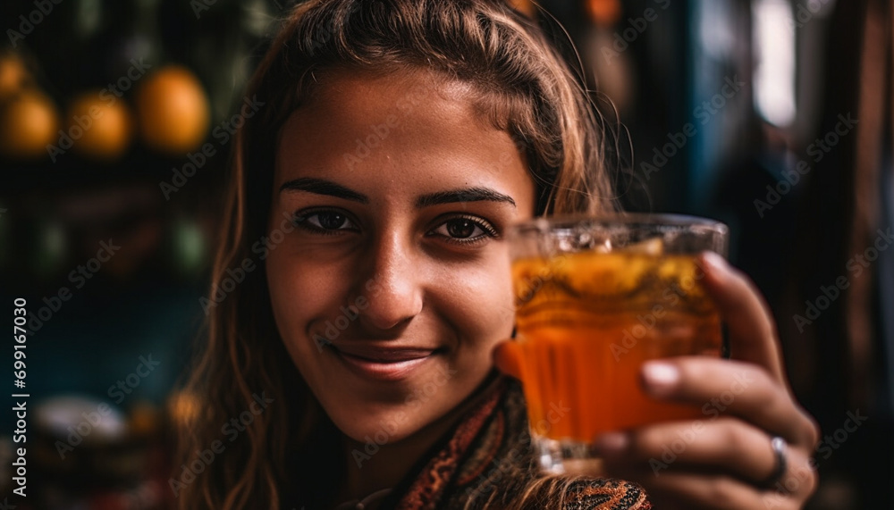 Smiling young adult woman enjoying drink at pub, looking cheerful generated by AI Smiling young adult woman enjoying drink at pub, looking cheerful generated by AI