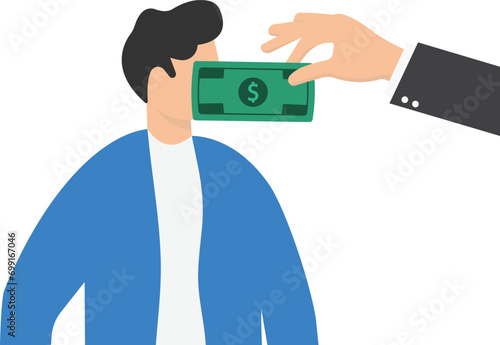 Lobbyist corruption. Businessman with bank note taped to mouth. Concept business vector illustration.


