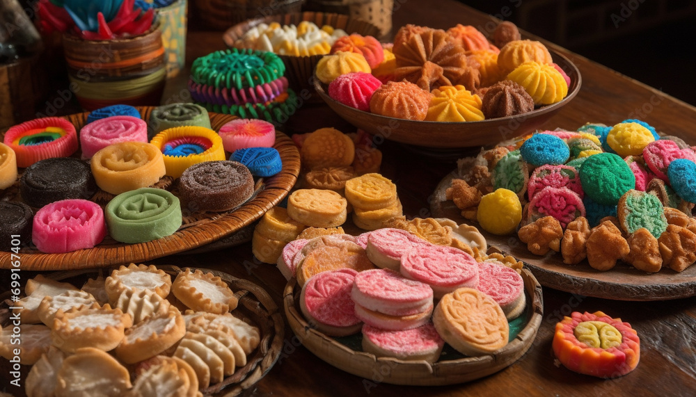 A colorful assortment of homemade cookies, a sweet gourmet indulgence generated by AI