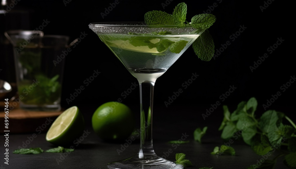 Refreshing mojito cocktail with lime, mint leaf, and ice cubes generated by AI Refreshing mojito cocktail with lime, mint leaf, and ice cubes generated by AI
