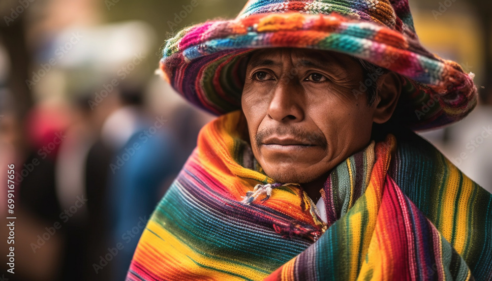 Fototapeta premium A smiling Aymara Indian in traditional clothing at a festival generated by AI