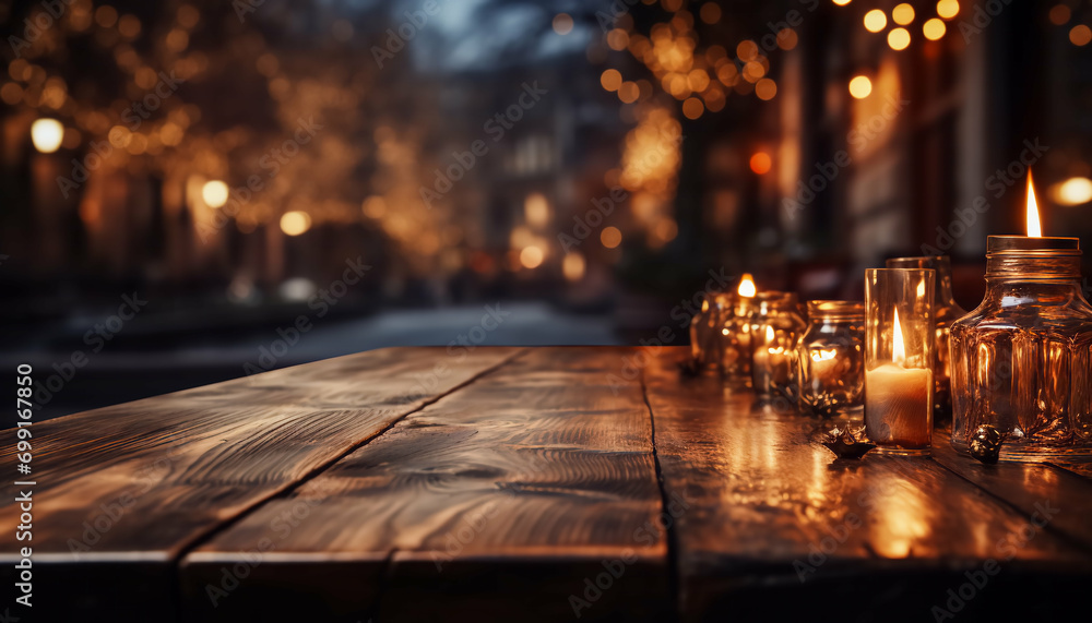 Candles on a dark wooden table and blurry lights in the background
