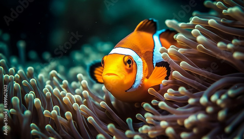 Clown fish swimming in colorful coral reef, underwater natural beauty generated by AI