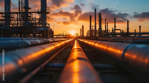 Large industrial gas pipelines at sunrise in a modern refinery