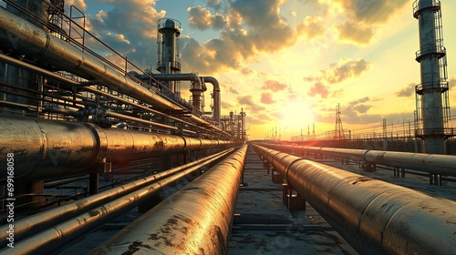 Large industrial gas pipelines at sunrise in a modern refinery