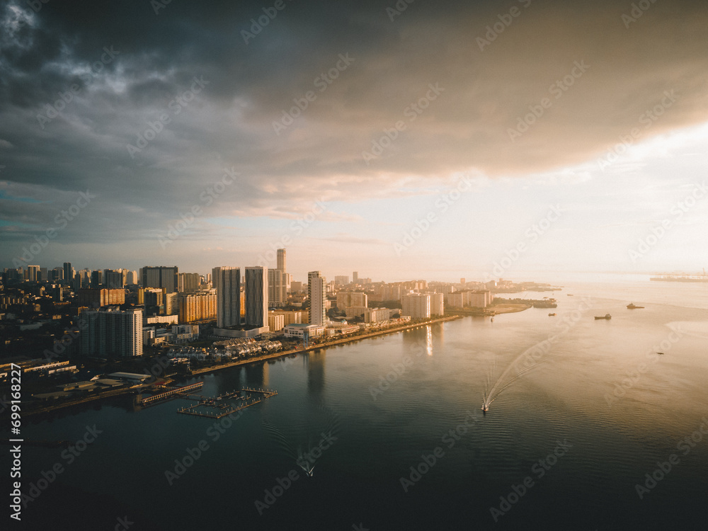 Penang George Town city skyline at sunrise 
from Karpal Singh Drive, Penang, Malaysia