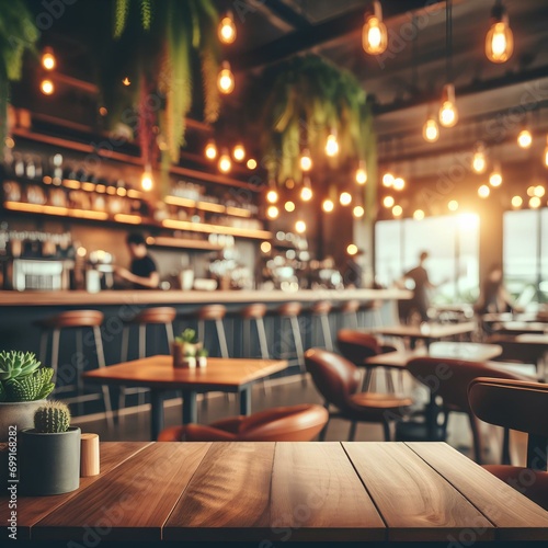 Restaurant ambiance: wooden table and blurred lights
