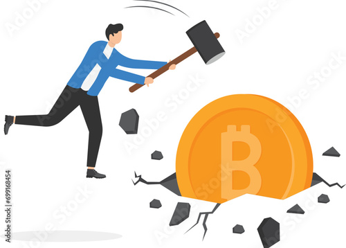 A businessman smashed a bitcoin into the ground and broke the surrounding area.

