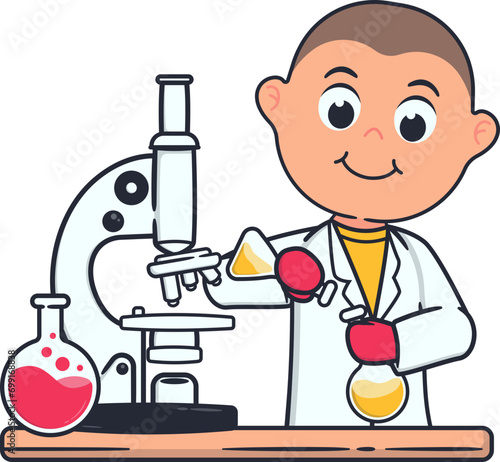 Male Character Doing Experiment with Microscope