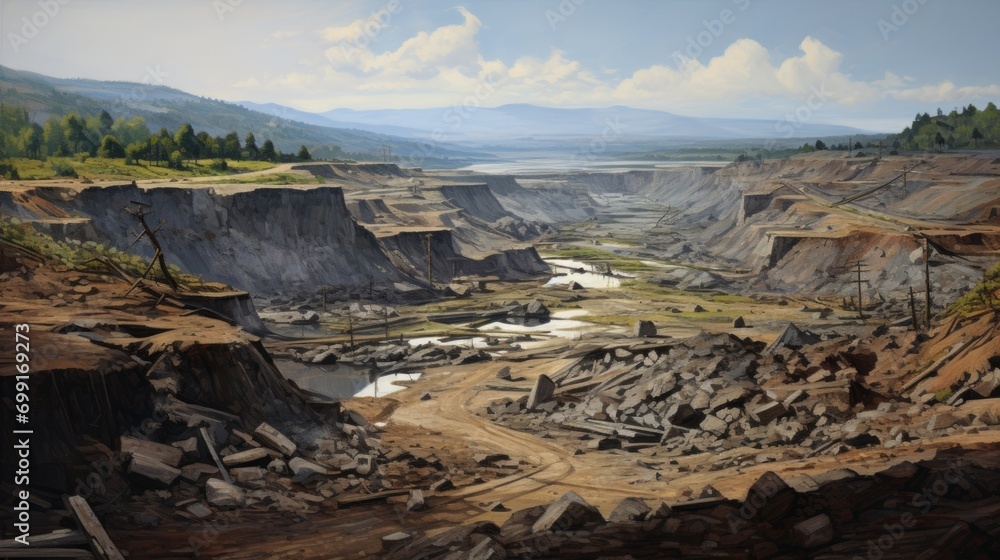 landscape scarred by strip mining, emphasizing the environmental impact generative ai