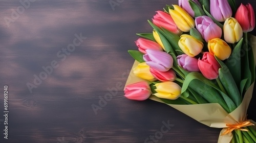 luxury bouquet of tulips of different colors, on the wooden table background, for the 8 March, banner, copy space