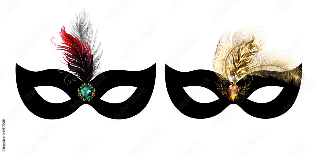 Carnival masks with feathers on white background.