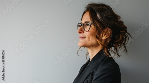 Middle age beautiful business woman wearing glasses standing over isolated white background looking to side, relax profile pose with natural face and confident smile. photo